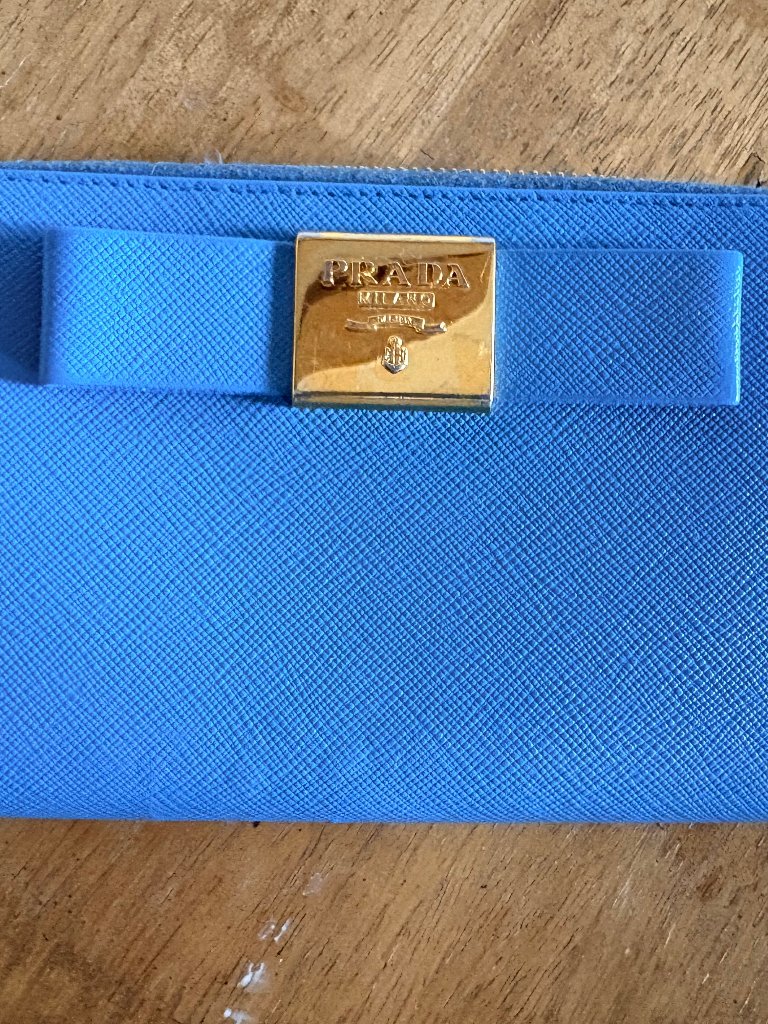 Prada Long Wallet Purse Safiano Leather Blue Ribbon